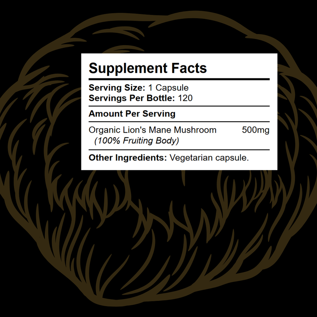 Supplement facts label for Organic Lion's Mane Mushroom capsules on a black background with mushroom texture.