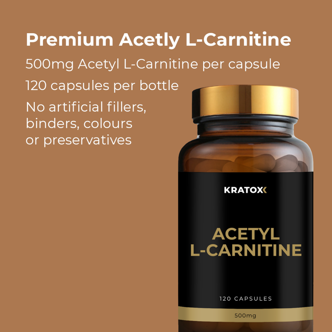 Kratox Acetyl L-Carnitine supplement bottle with product details on a brown background