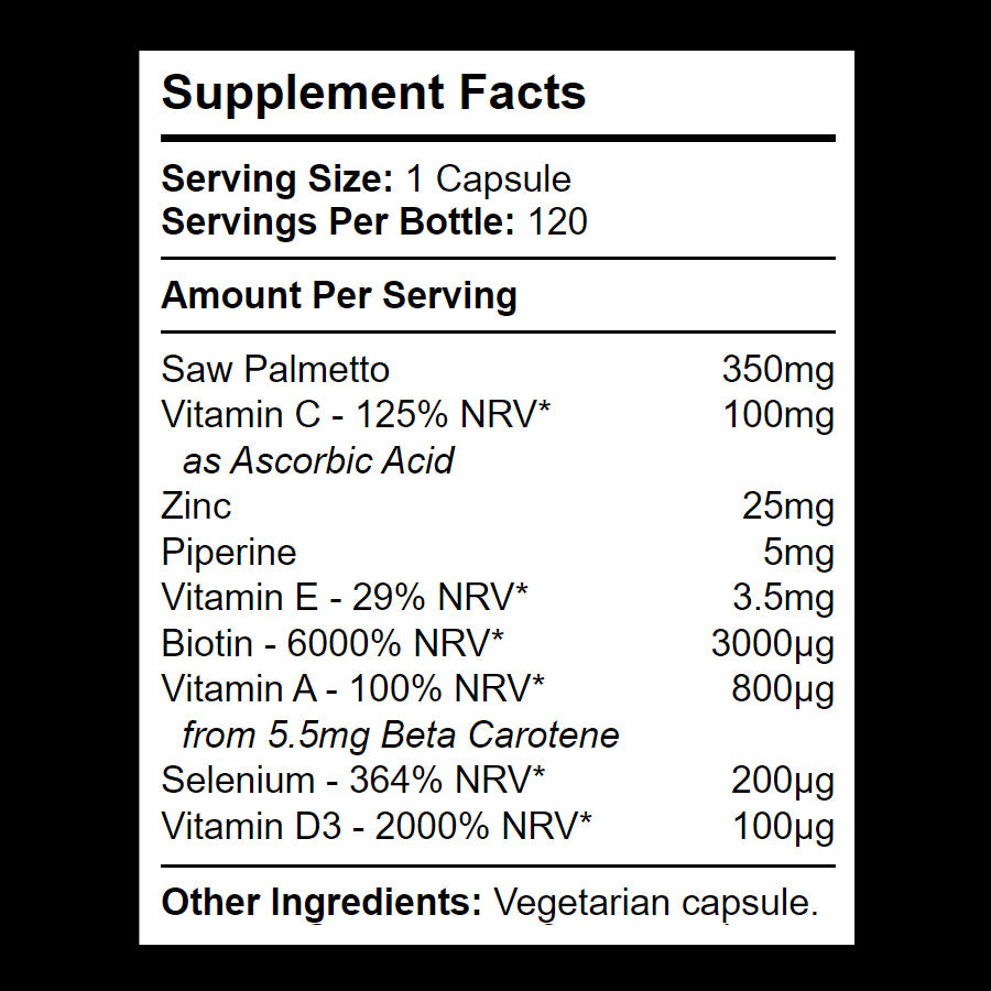 Hair supplement containing saw palmetto, zinc, biotin, selenium and vitamins.