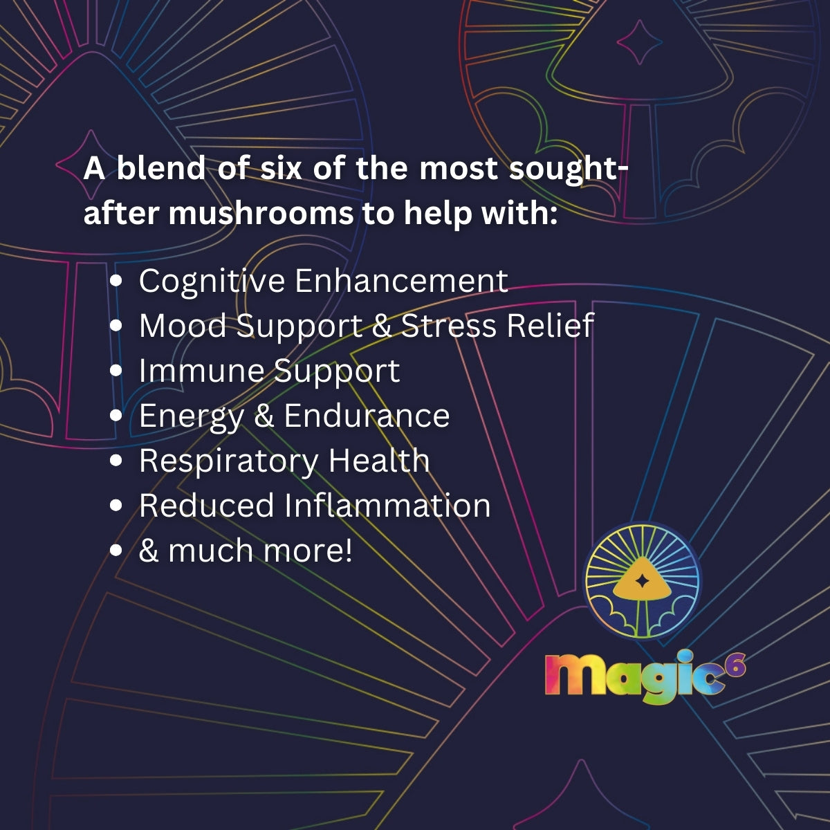 Kratox Magic 6 is a blend of Lion's Mane, Cordyceps, Reishi, Chaga, Turkey Tail and Tiger Milk Mushroom Extracts